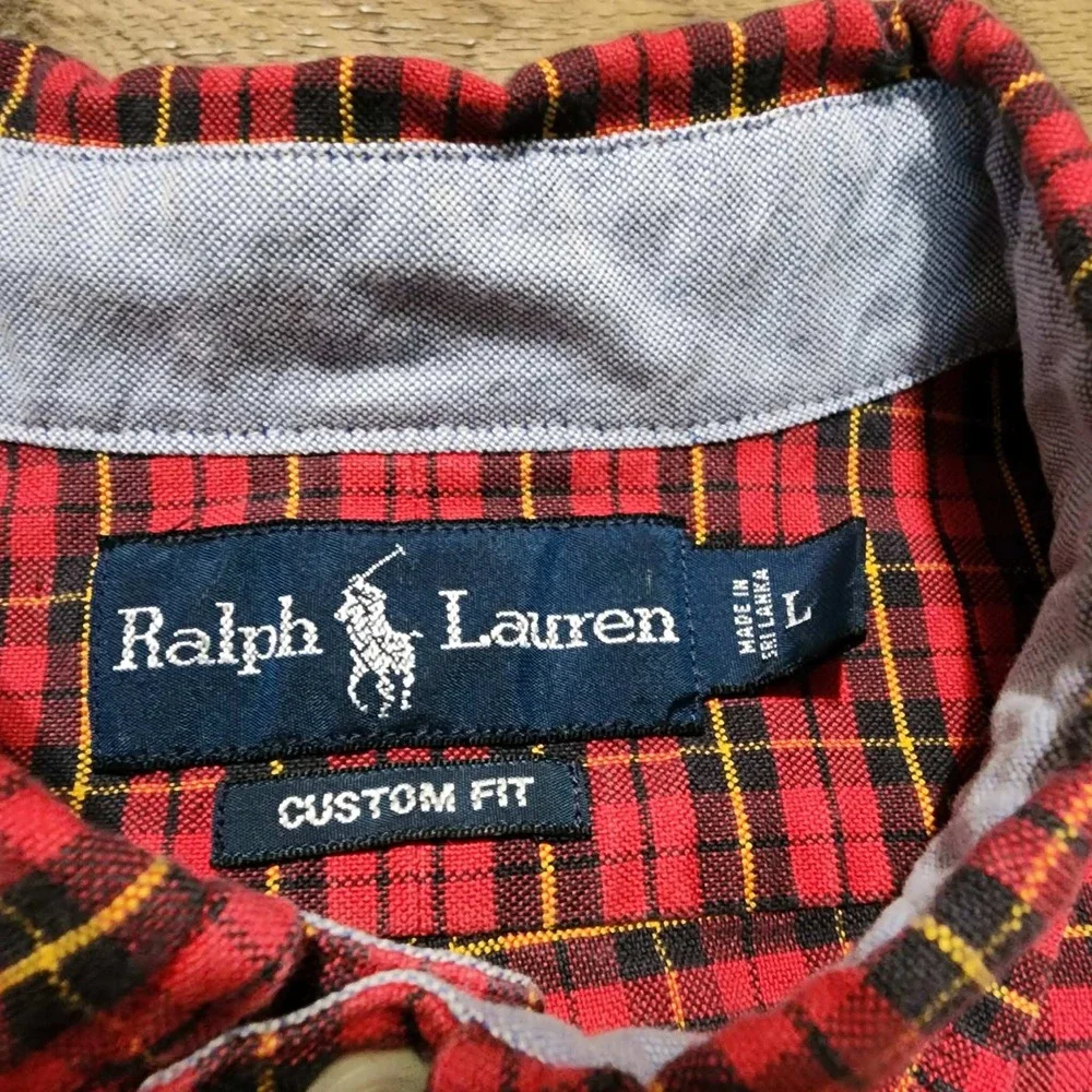 Polo Ralph Lauren Mens Custom Fit Plaid Button Down Shirt Red Black Yellow Large